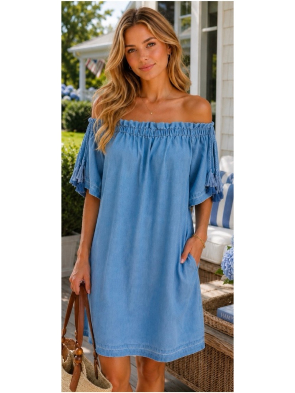 New NYDJ Blue Denim Off Shoulder Dress L w/Pockets